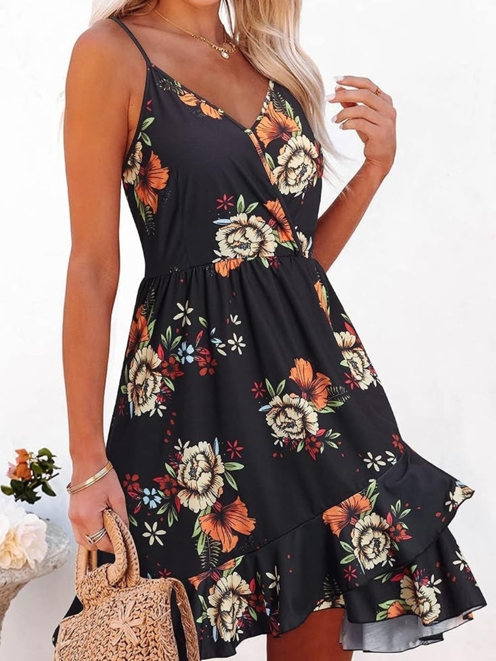 Black Floral V-Neck Summer Dress
